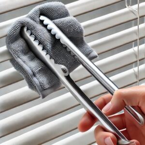 DIY blind cleaner made with tongs and microfiber cloths.