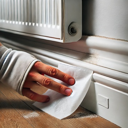 Person cleaning baseboards with a dryer sheet.