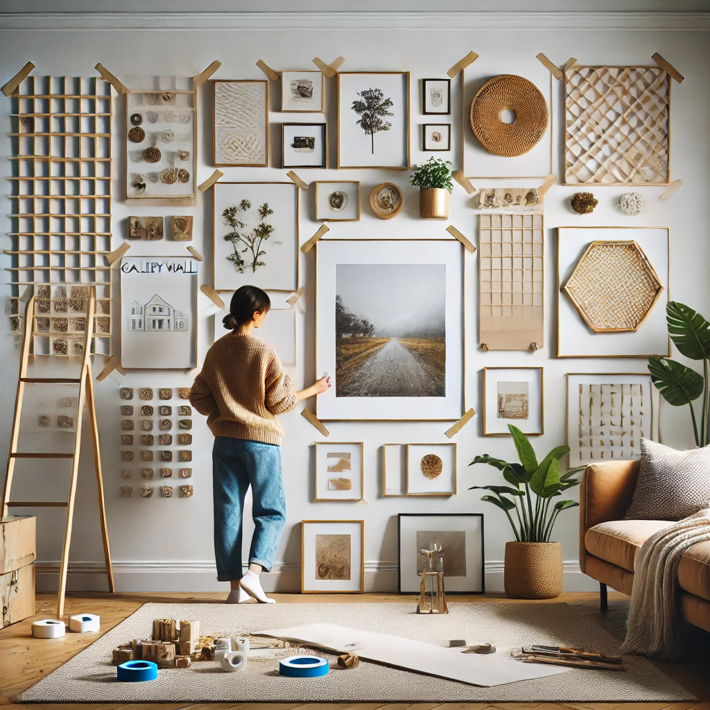 DALL·E 2025-02-28 17.35.28 - 1. A person planning a gallery wall by laying out various picture frames, small plants, and decorative objects on the floor, arranging them carefully
