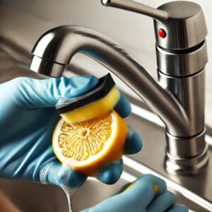 Lemon halves used for cleaning a kitchen faucet.