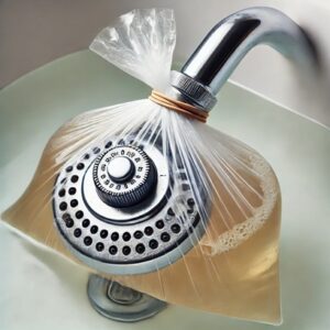 Showerhead soaking in vinegar-filled bag to remove mineral buildup.