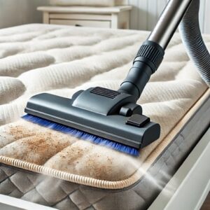 Vacuum cleaner with upholstery attachment cleaning a mattress.