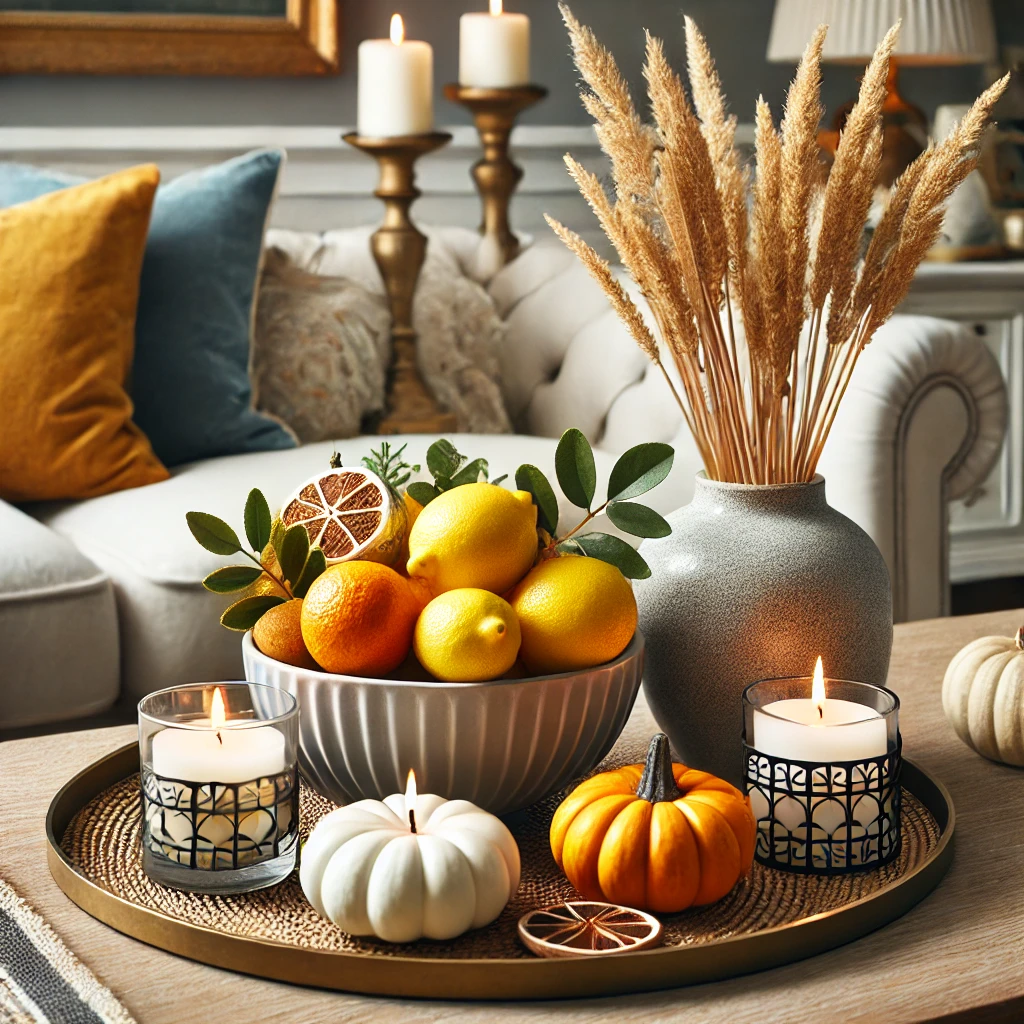 7 A beautifully decorated coffee table with small seasonal decor swaps, featuring a stylish bowl with lemons for summer, mini pumpkins for fall, and can