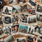 DALL·E 2025-02-28 18.01.09 - A collection of personal photos arranged on a wooden surface, featuring a mix of candid family moments, travel snapshots, and black-and-white portrait