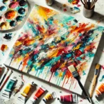 DALL·E 2025-02-28 18.01.17 - A vibrant DIY abstract painting in progress, featuring bold brushstrokes, colorful splatters, and textured paint layers on a canvas. Paint tubes, brus (1)