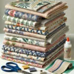 DALL·E 2025-02-28 18.01.23 - A stack of fabric and wallpaper scraps in various patterns and colors, including floral, geometric, and textured designs. The pieces are neatly arrang