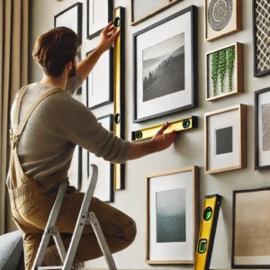 DALL·E 2025-02-28 23.14.19 - A person carefully hanging a framed artwork on a gallery wall, using a measuring tape and level for precise placement. The wall features a stylish arr