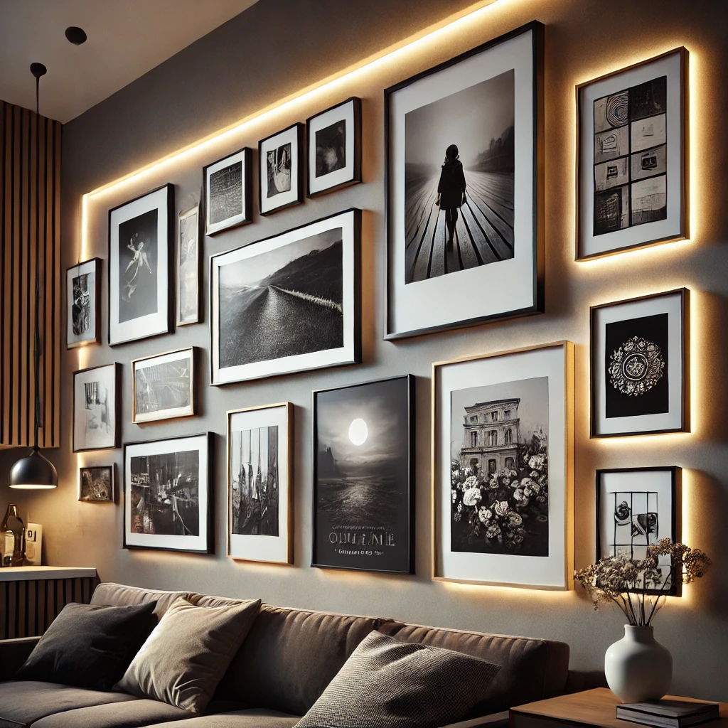 DALL·E 2025-02-28 23.40.01 - A stylish gallery wall illuminated by a picture light and LED strip, casting a warm, museum-like glow on framed artwork. The wall features a mix of bl
