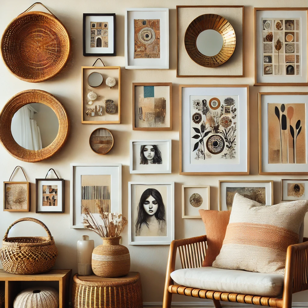 DALL·E 2025-02-28 23.40.08 - A gallery wall with personal touches including woven baskets, mirrors, and small shelves integrated among the framed artwork. The arrangement has a co