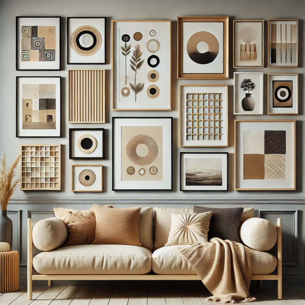 DALL·E 2025-02-28 23.40.13 - A gallery wall designed with a consistent color scheme, featuring a harmonious mix of artwork, frames, and decorative elements in shades of beige, bla